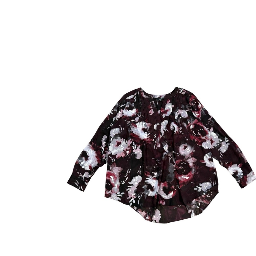 Romantic Floral Simply Vera Vera Wang Black Pink Blouse Women's 1X Pleated